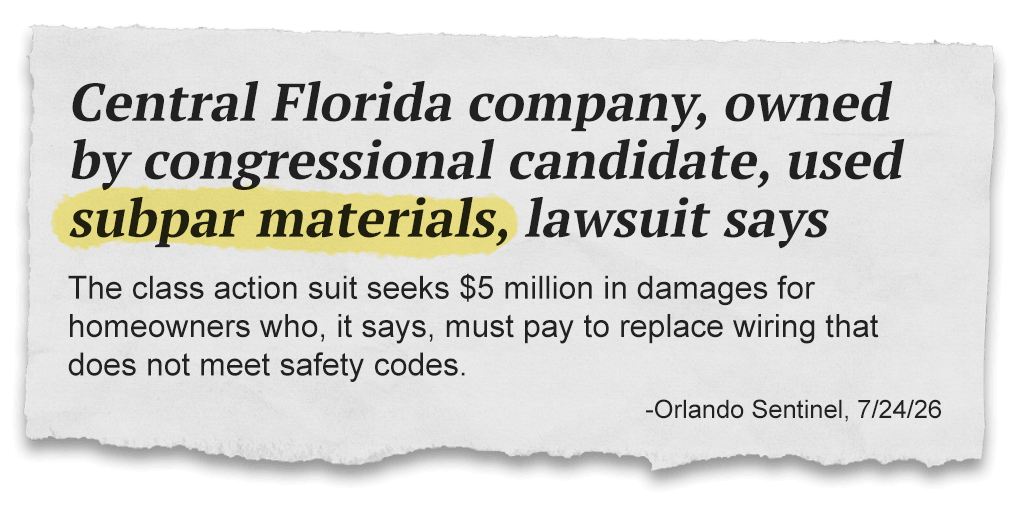 Central Florida company, owned by congressional candidate, used subpar materials, lawsuit says