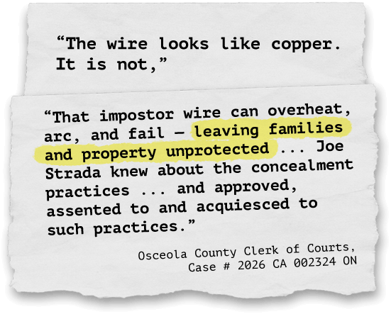 “The wire looks like copper. It is not,”  “That impostor wire can overheat, arc, and fail — leaving families and property unprotected. . . Joe Strada knew about the concealment practices . . . and approved, assented to and acquiesced to such practices.” Source: Osceola County Clerk of Courts, Case # 2026 CA 002324 ON